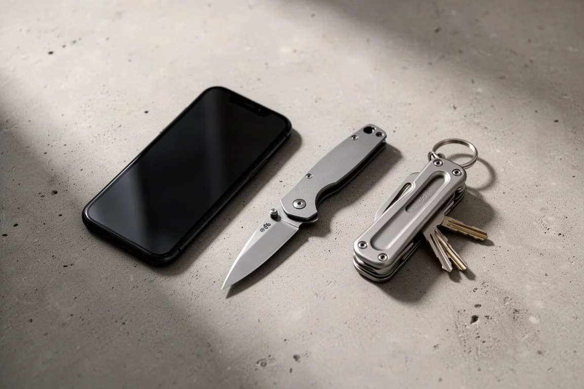 Composição flat lay de EDC com celular, canivete dobrável e organizador de chaves