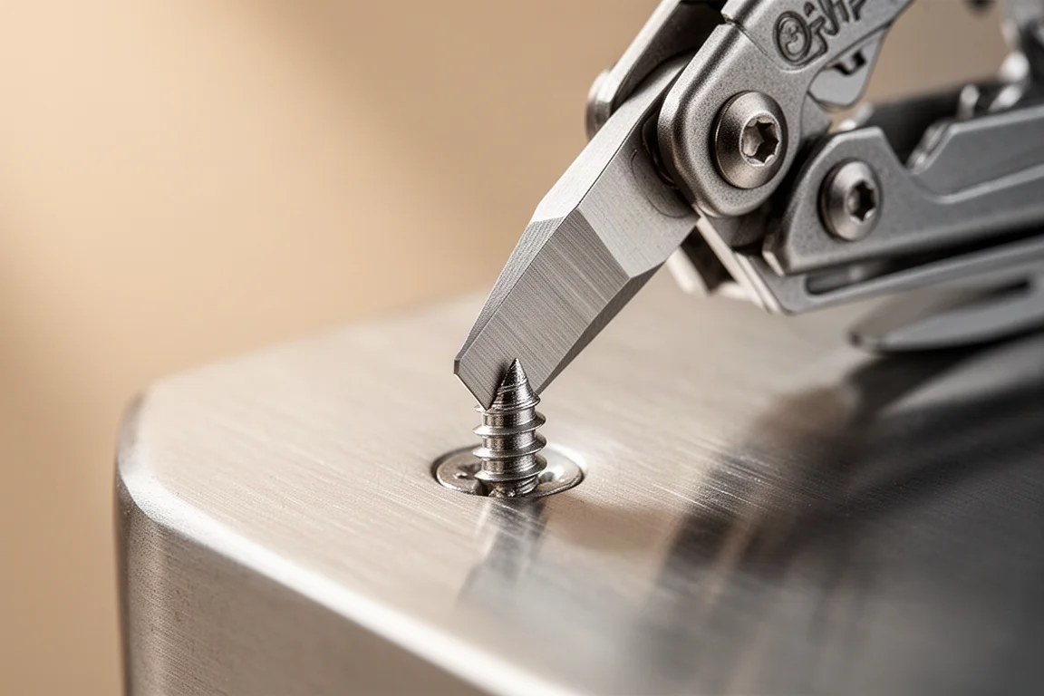 Punta a cacciavite piatto di un piccolo multi-tool premuta contro la testa di una vite, in primo piano