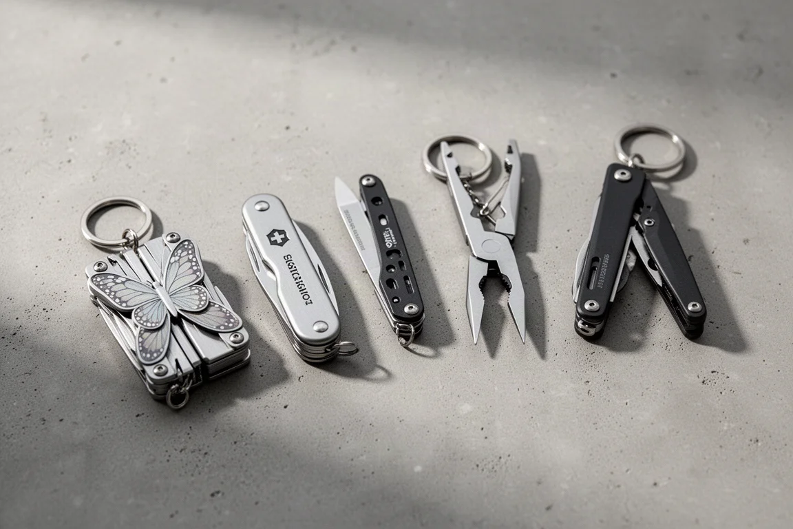 Cinq multi-outils de poche compacts disposés sur une surface en béton