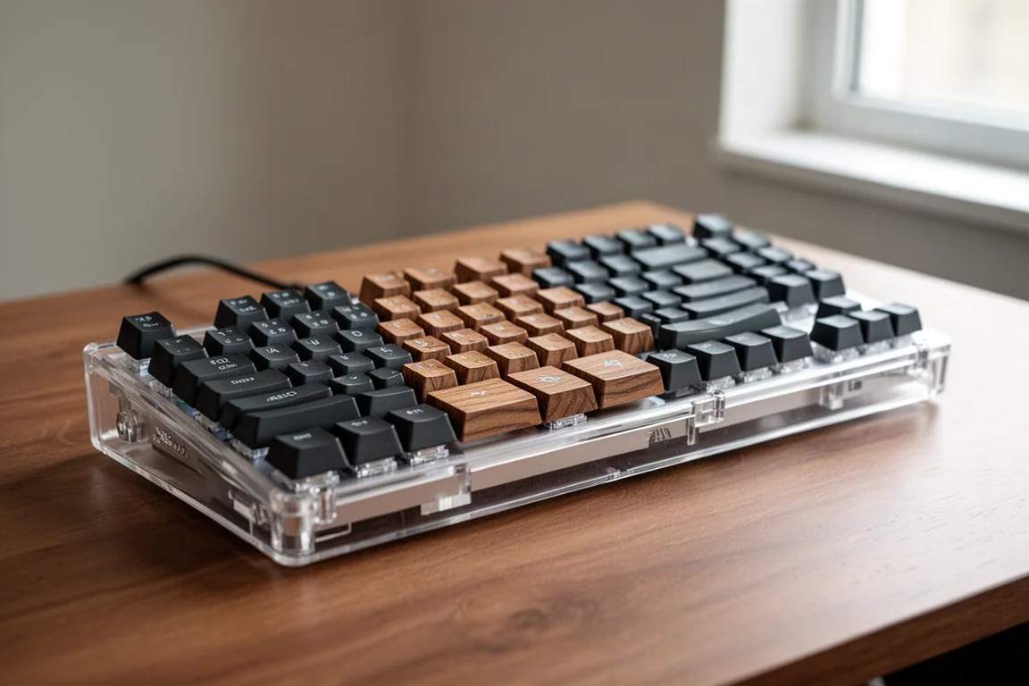 コンクリートのテーブルに置かれた、さまざまなサイズと素材のゲーミングキーボードのラインアップ