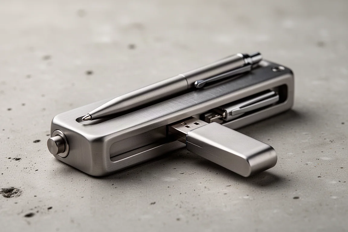 Kompakter Stift und USB-Stick in einen EDC-Organizer eingeschoben