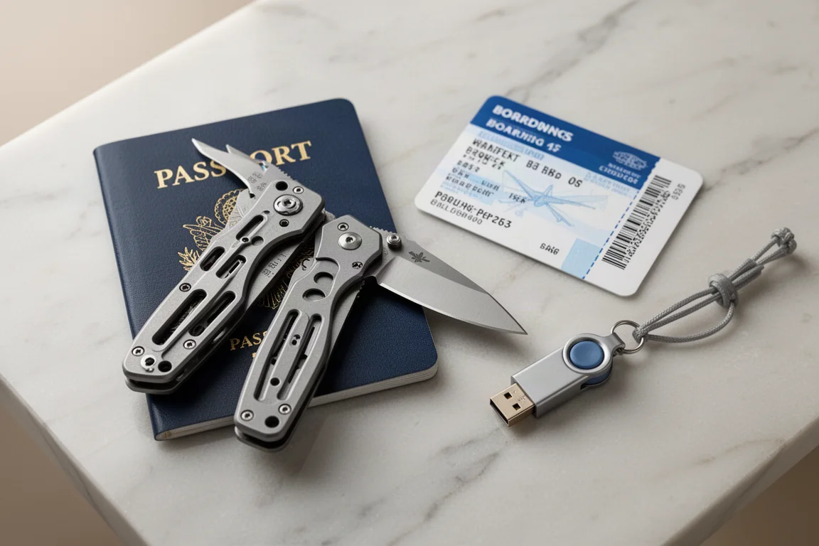 旅行平拍:無刀片口袋刀、護照與 USB 隨身碟放在大理石檯面上
