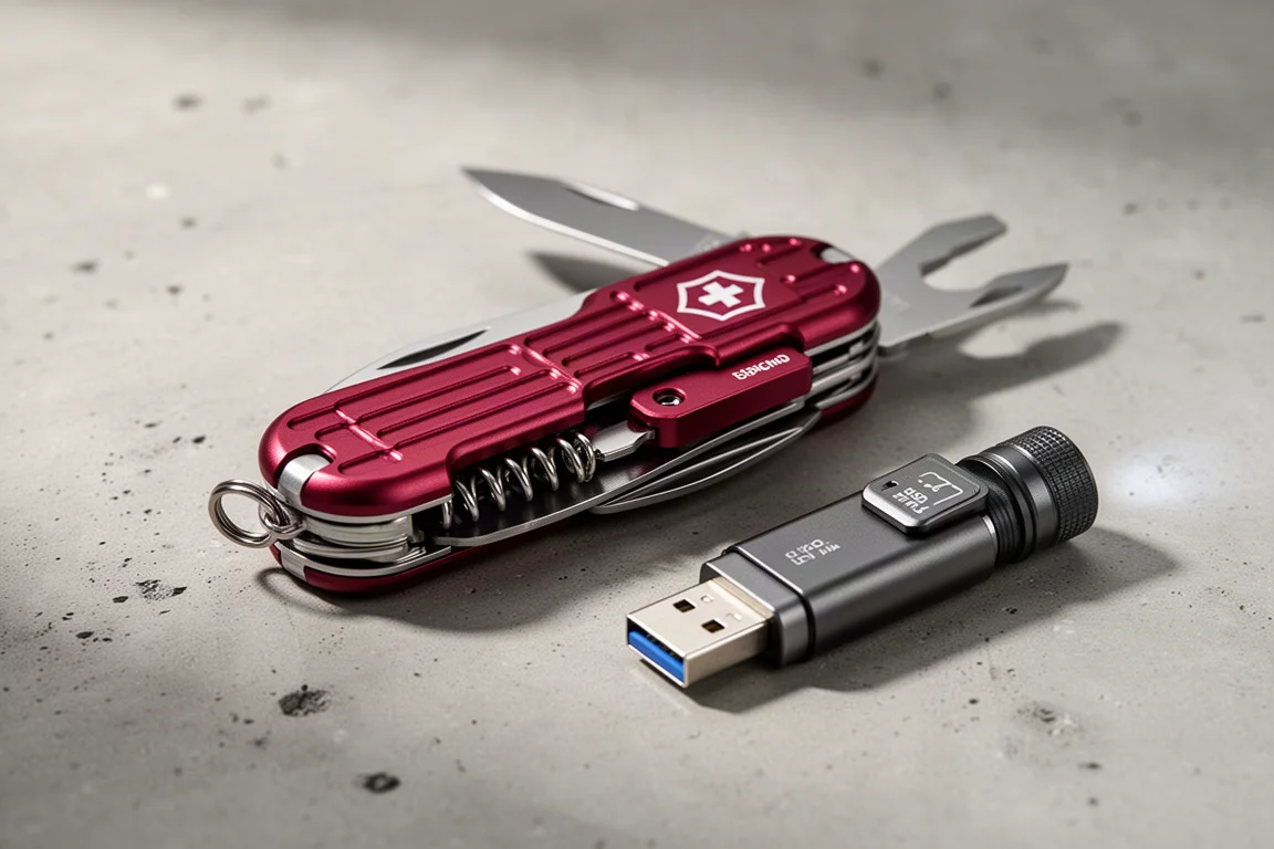 Kleines Taschenmesser mit modularen Aluminium-Schalenpanelen neben USB- und Taschenlampen-Modulen