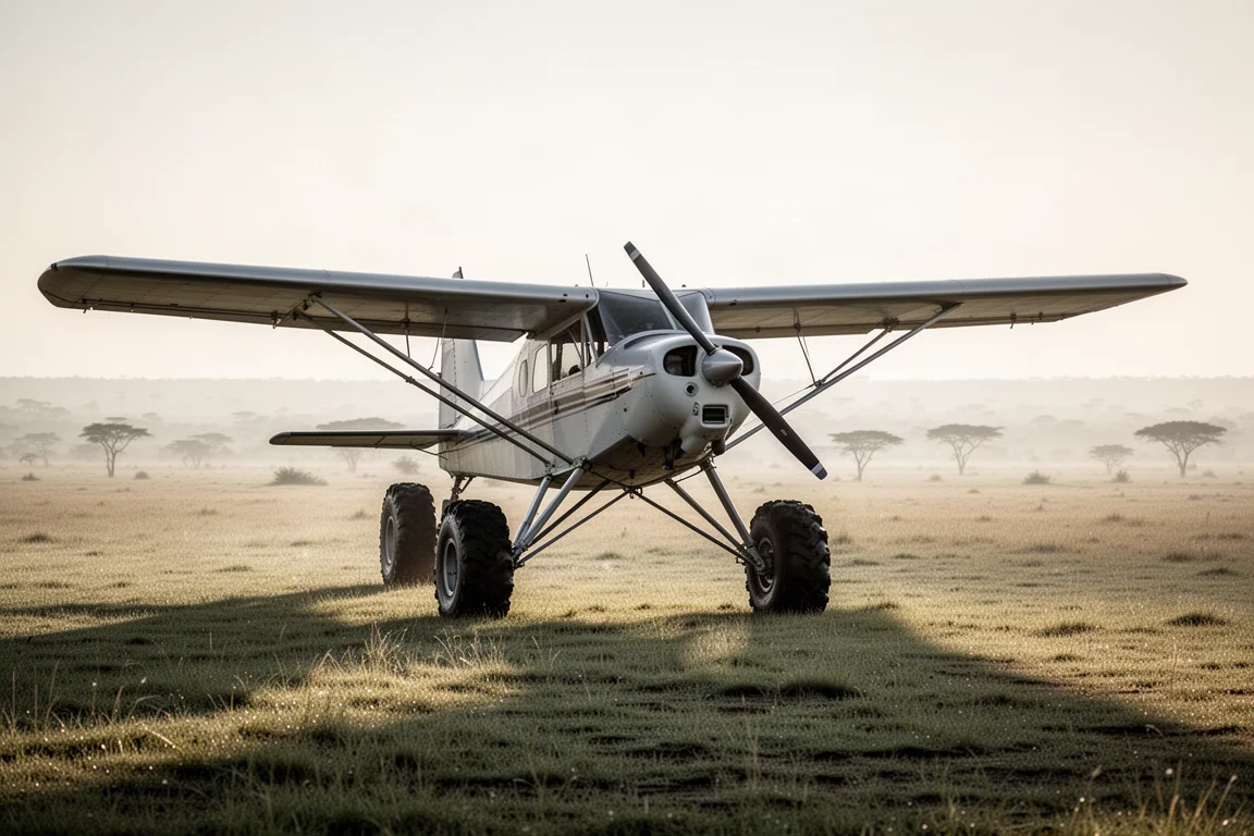 Schulterdecker-Bush-Flugzeug mit übergroßen Reifen geparkt auf einer Graspiste