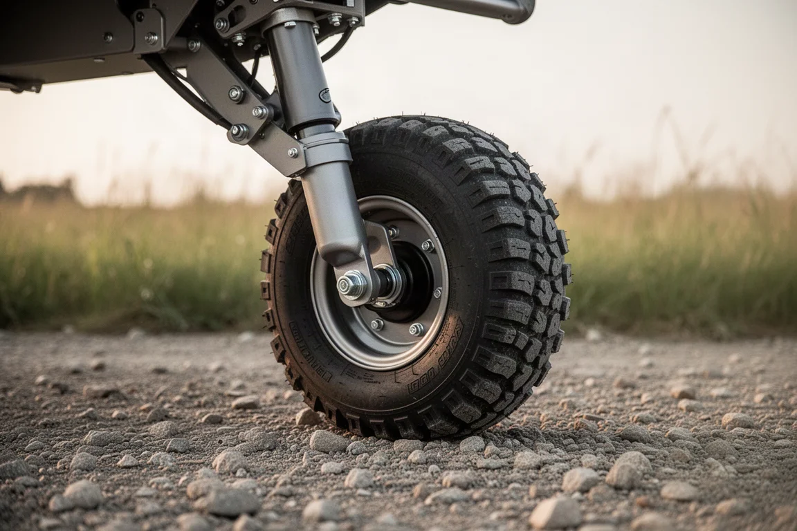 Nahaufnahme eines Fahrwerksbeins aus Verbundwerkstoff und eines großen Reifens auf unbefestigtem Boden