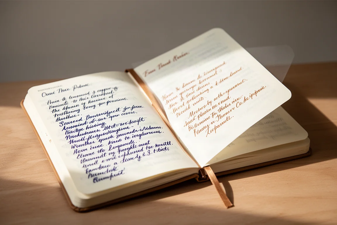 明るい光の下で、手書きのページにインクの裏抜けがほとんどない様子を示す開いたノート
