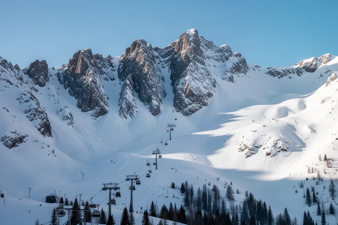 Steep snow-covered alpine mountain face with chutes, bowls, and a gondola line
