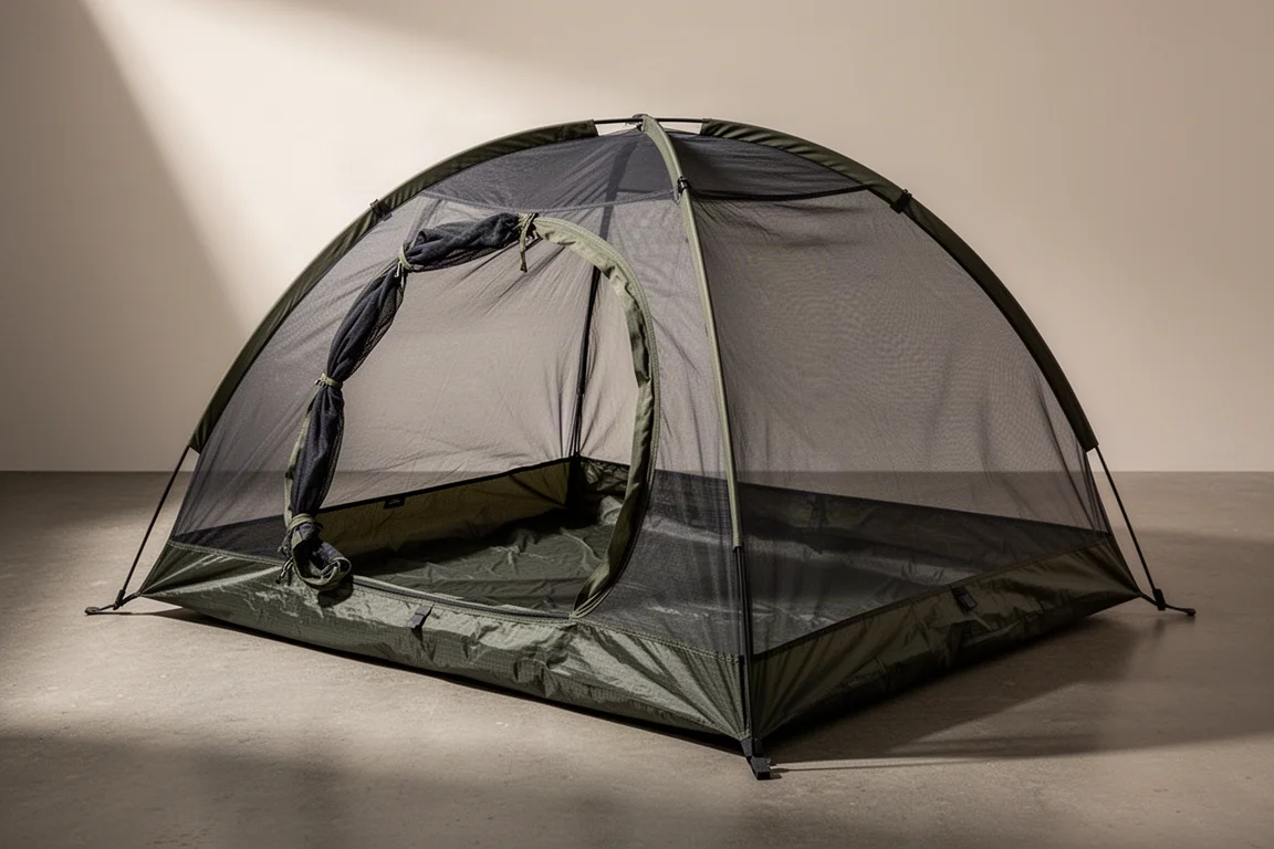 One-person pop-up bug net shelter with dark mesh and bathtub floor on concrete