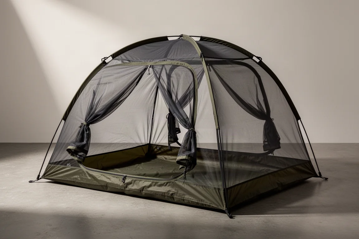 Low-profile mesh bug net shelter with olive floor and rolled-back doors on concrete