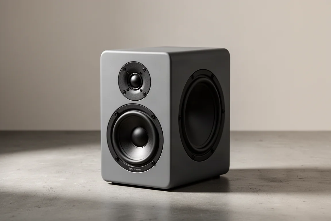 Compact grey active loudspeaker with front tweeter, midrange, and side woofer on concrete