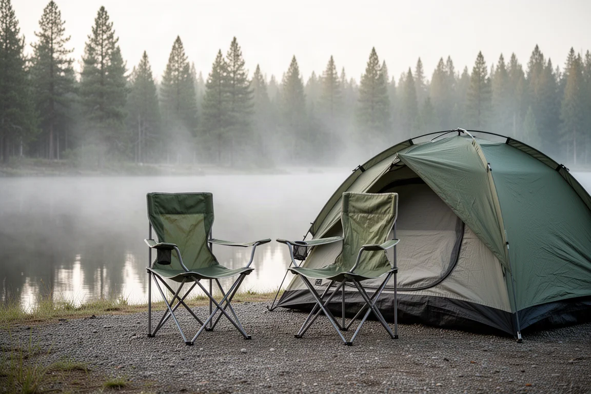 Zeltfaltstuhl neben einem Zelt an einem nebligen Seeufer-Campingplatz im Morgenlicht aufgebaut