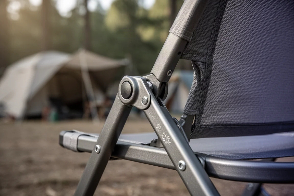 Nahaufnahme eines Campingstuhl-Rahmenscharniers mit rundem Entriegelungsknopf an der Seitenstrebe