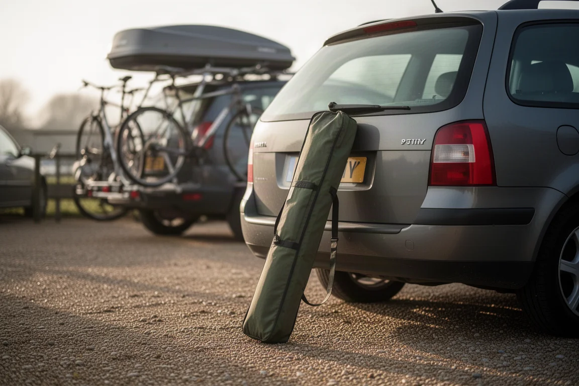 Lange schlanke Tragetasche eines Campingstuhls lehnt an der hinteren Stoßstange eines geparkten Autos