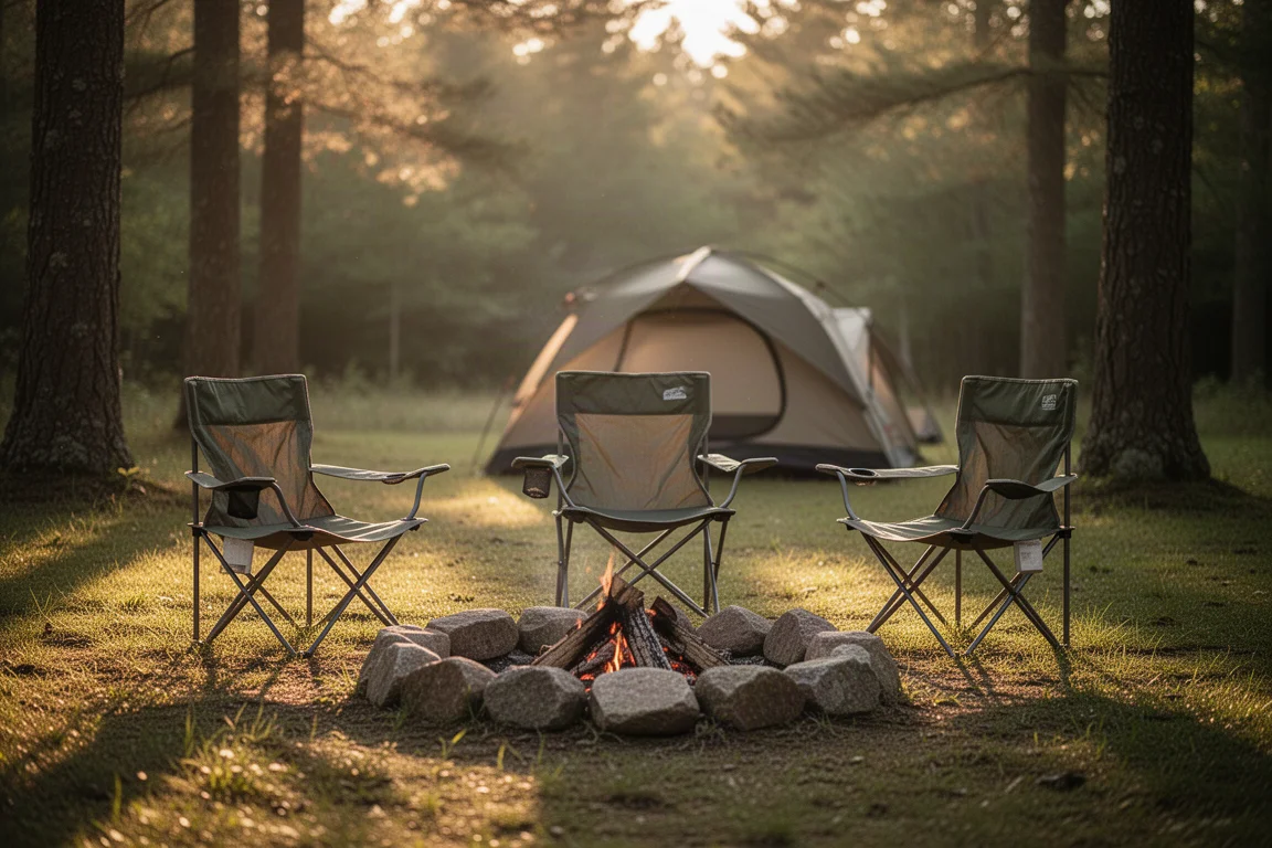 Drei Campingstühle um einen steinernen Feuerring auf einem Waldcampingplatz zur goldenen Stunde