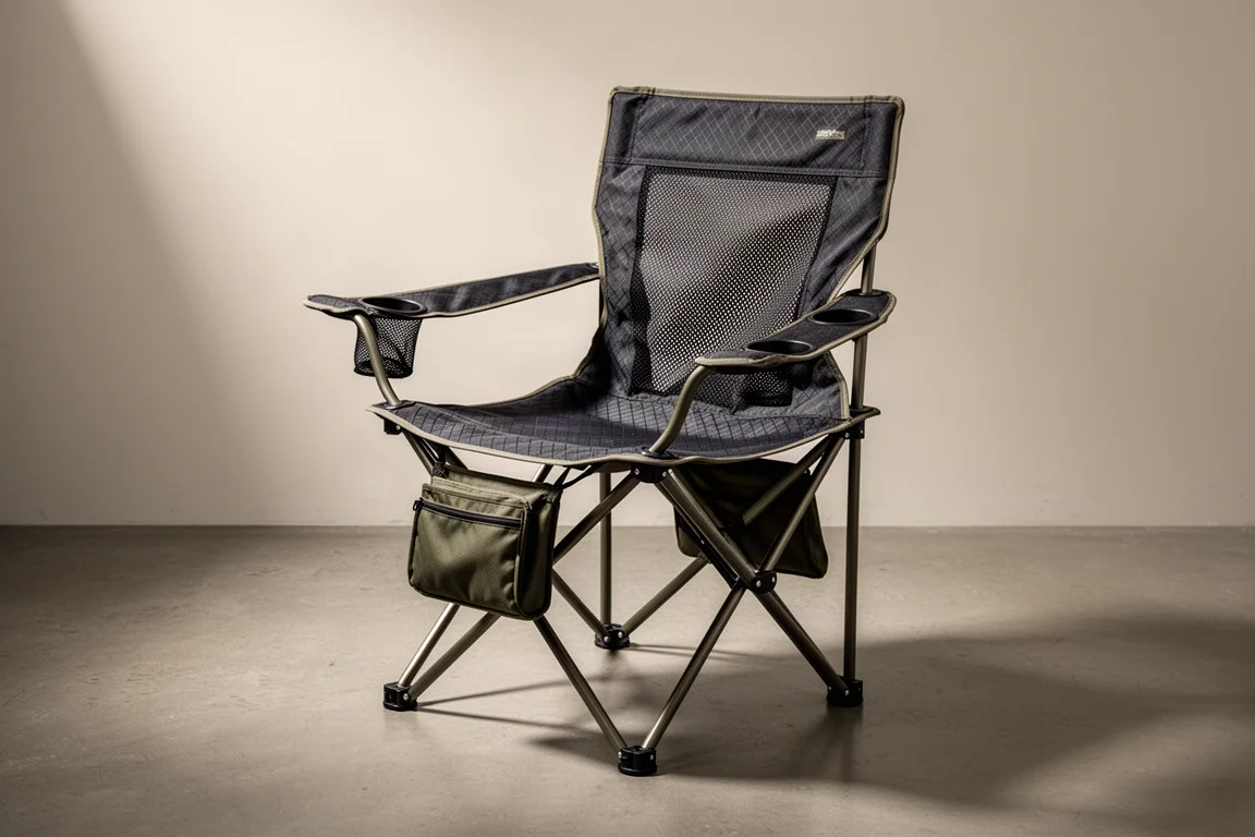 Kijaro Dual Lock Camp Chair with mesh backrest and dual cupholders on a concrete floor