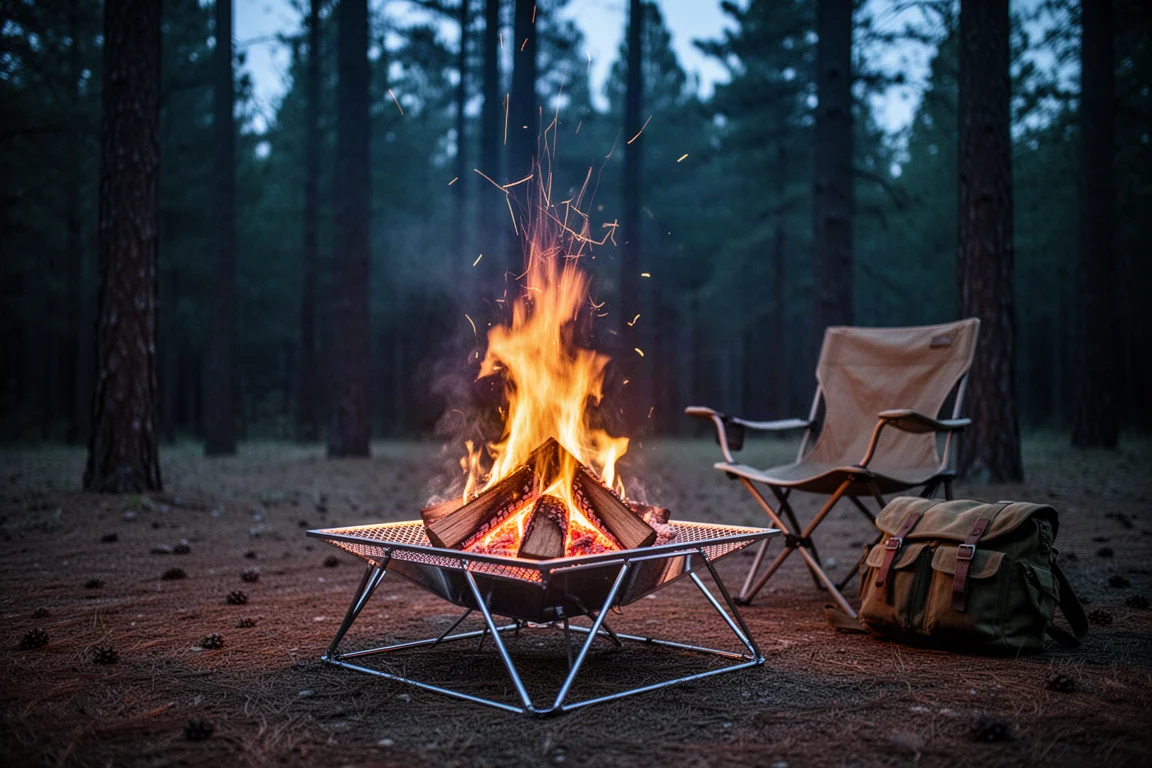 Small campfire burning on a steel mesh platform in a forest clearing at dusk
