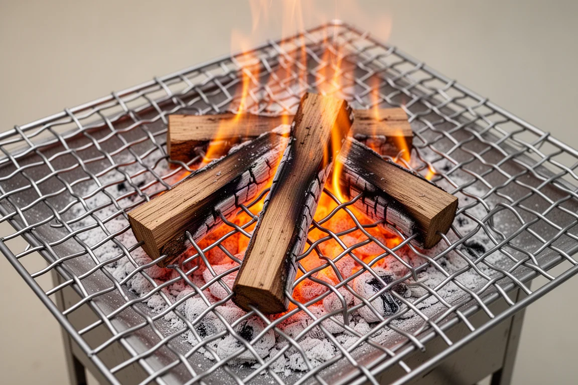 Overhead view of logs burning on a woven stainless steel mesh grate