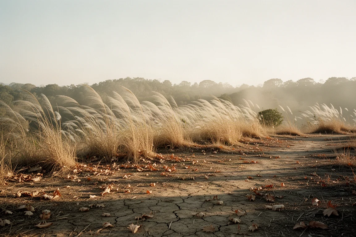 Dry grassy hillside campsite with tall grass bending in a strong breeze