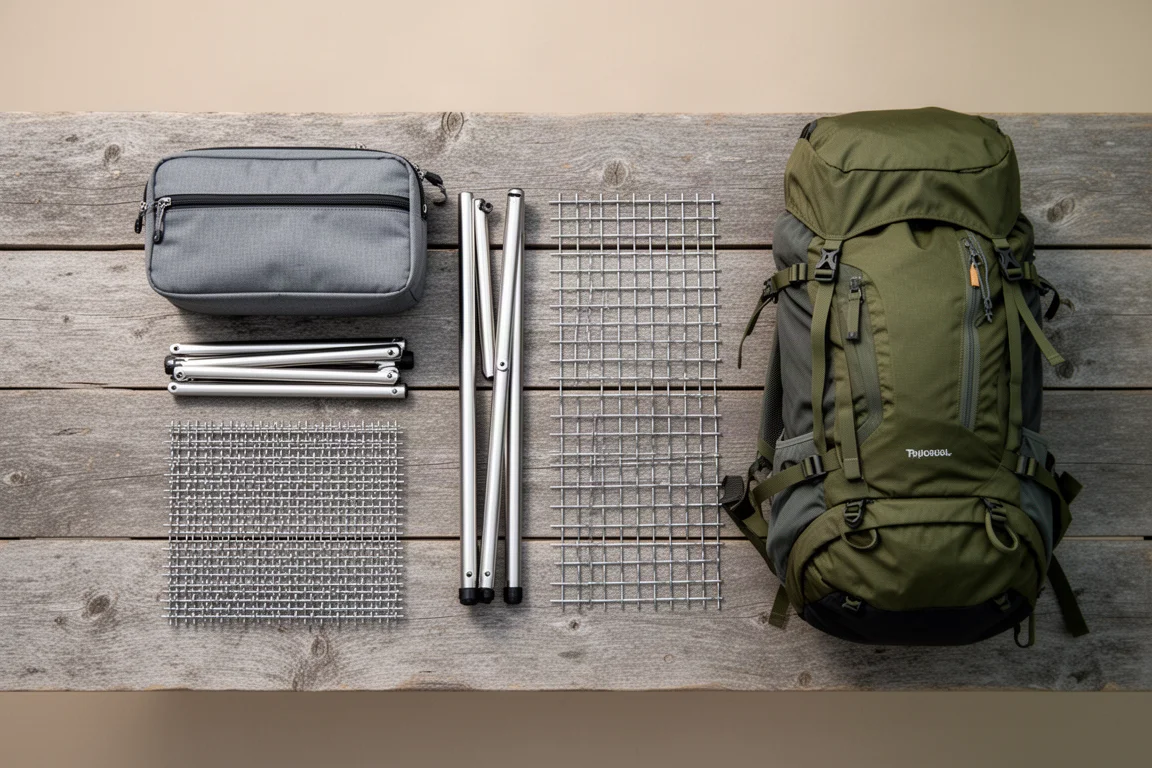 Flat-lay of a packed fire pit stand, carry bag, and hiking backpack on wood
