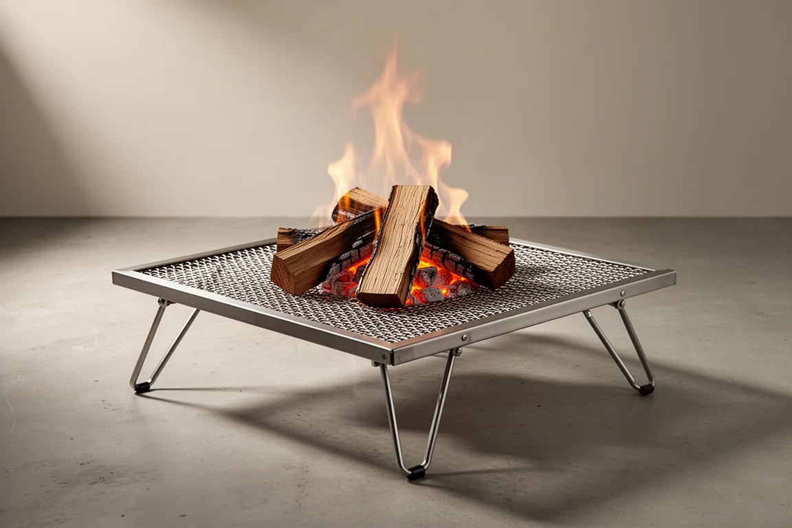 Stainless steel mesh fire pit stand with small flames on a concrete surface