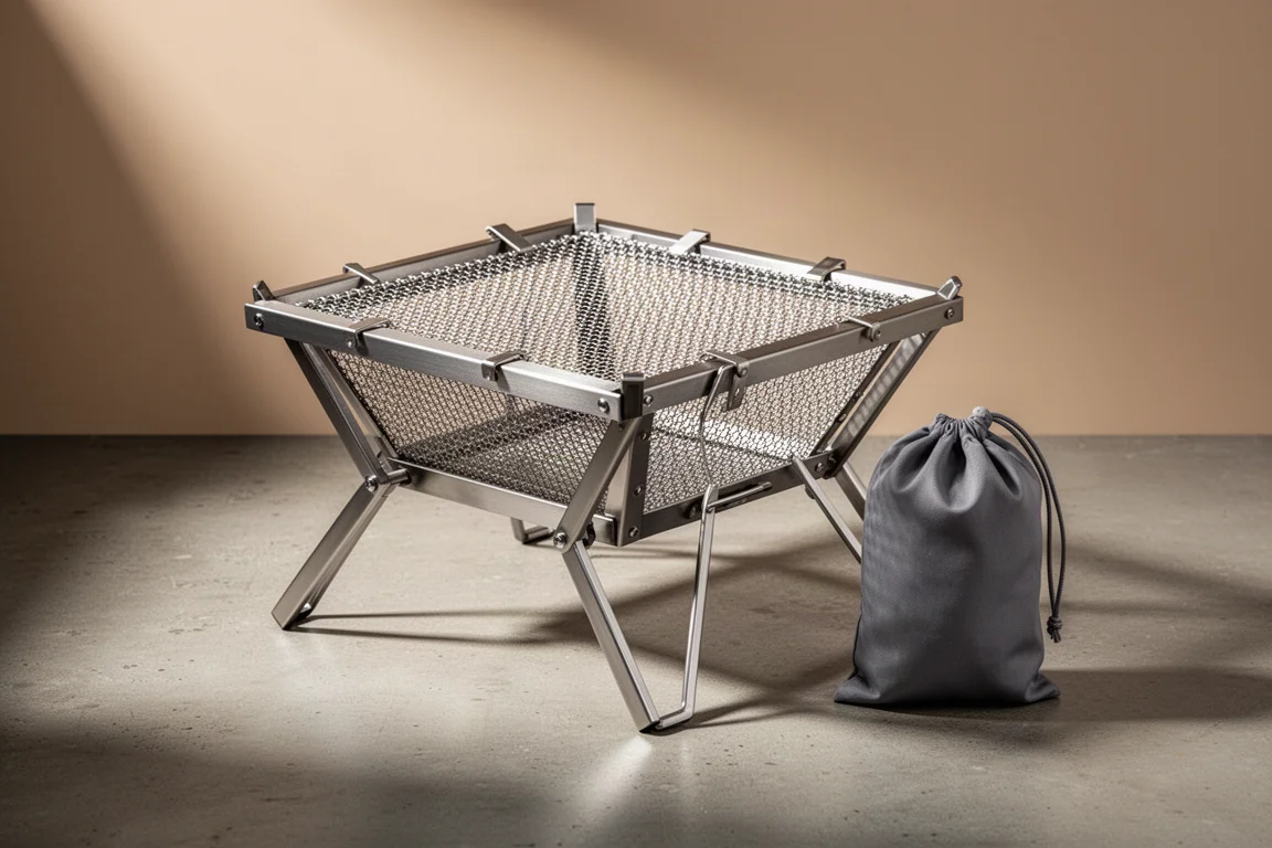 Assembled stainless steel fire pit stand with woven mesh top beside its stuff sack