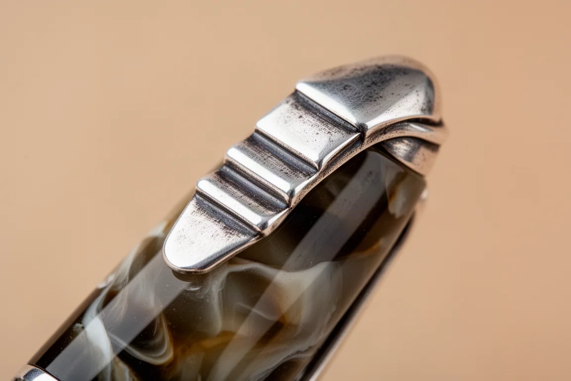 Close-up van grijze penklem van sterlingzilver met gelaagde, verouderde afwerking