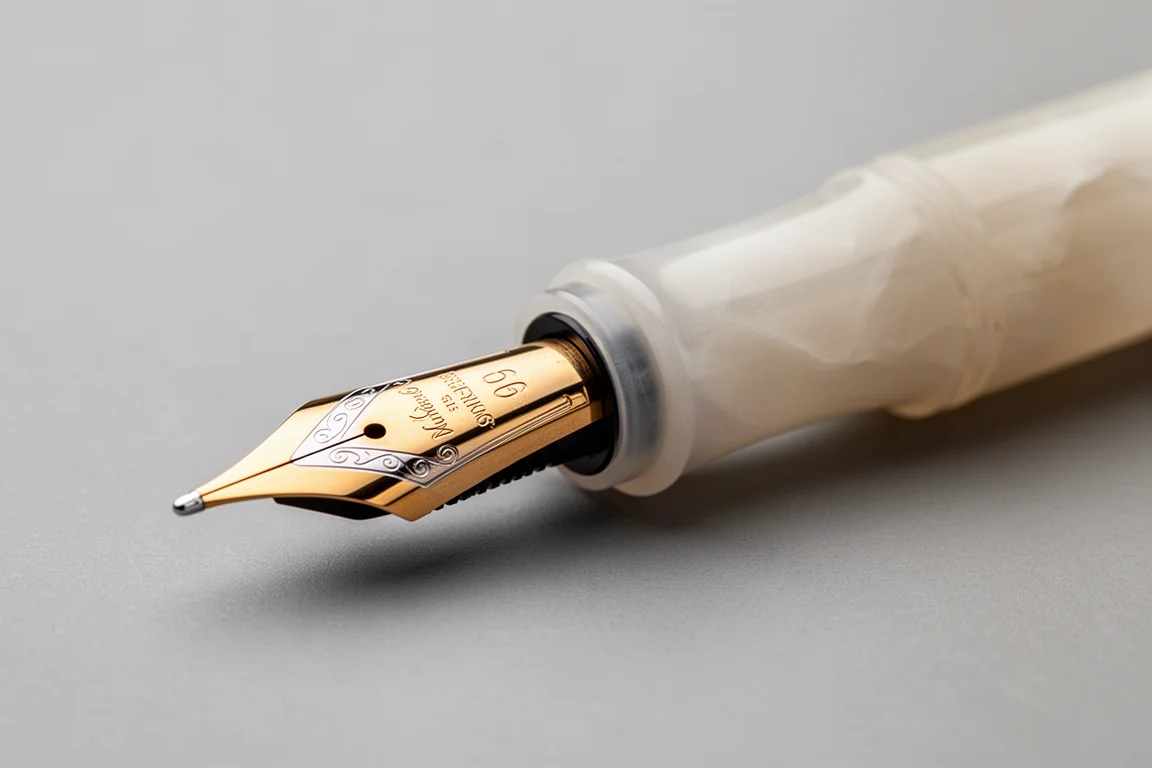 Zicht van boven op het penpuntje van een vulpen met goudkleurige stalen pen