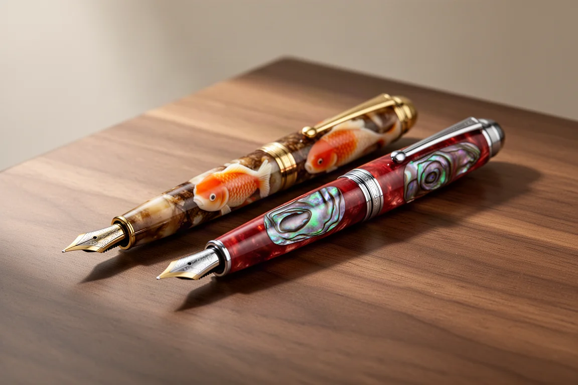 Two special edition fountain pens with koi and abalone resins on a walnut desk