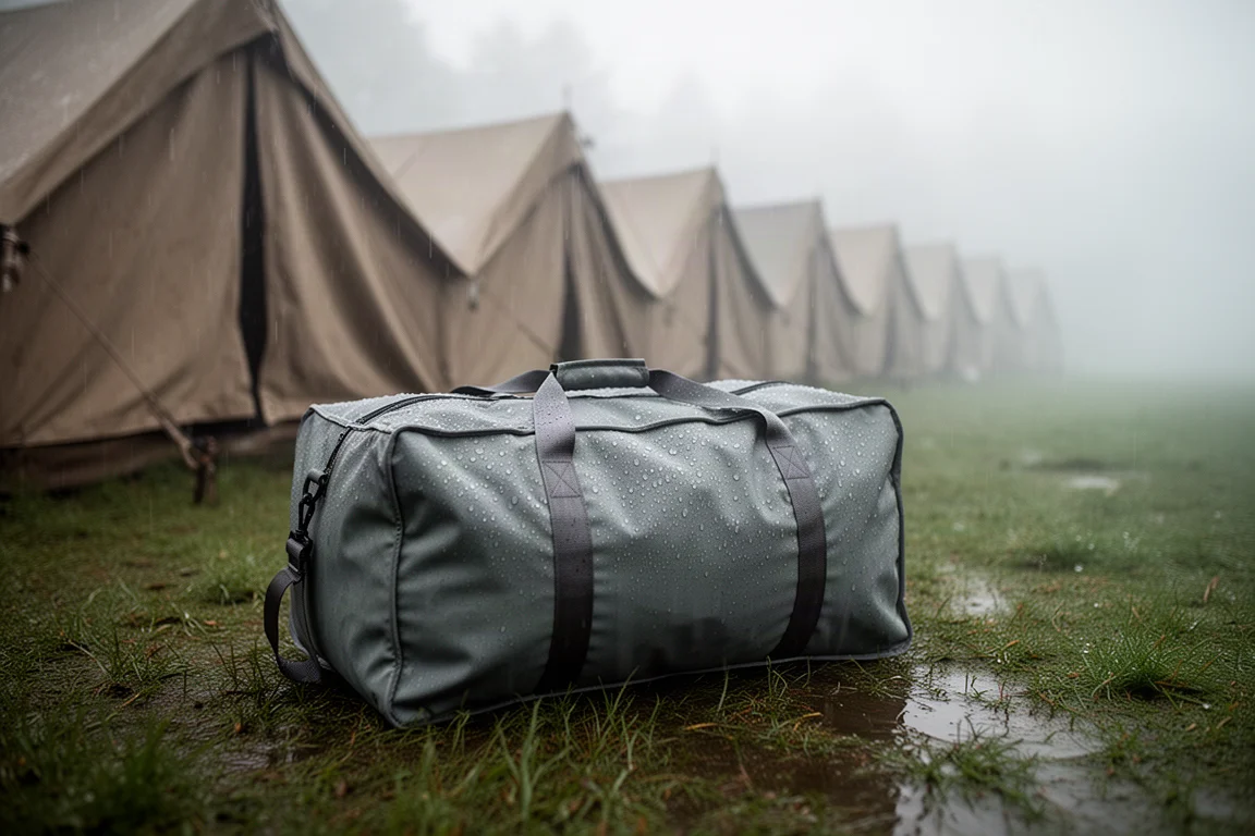 Wodoodporna torba duffel owinięta w pokrowiec ochronny na mokrej trawie obok namiotów obozowych we mgle