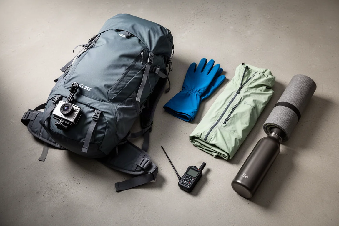 High-altitude trekking gear arranged overhead on a concrete surface