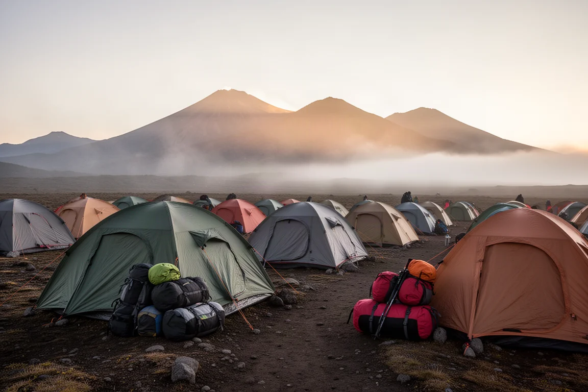 Trekkers camp at dawn with dome tents and stacked duffel bags on an alpine plateau