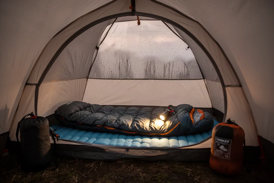 Tent interior at dusk with sleeping pad, quilt-style bag and headlamp glow