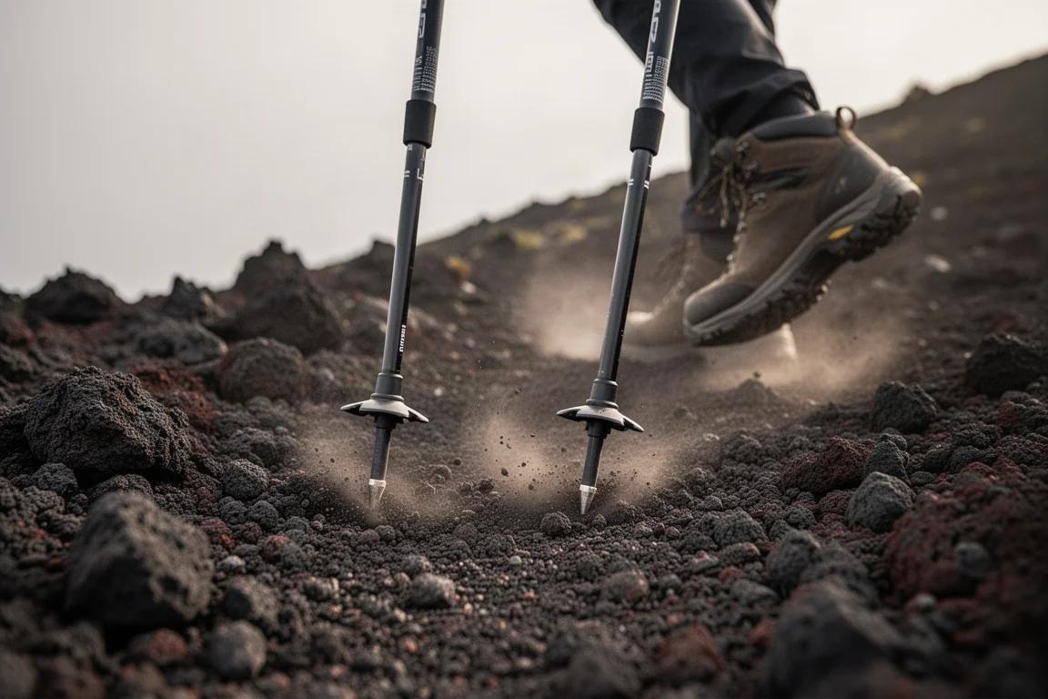 Trekking pole tips planted on a rocky volcanic trail in late afternoon light
