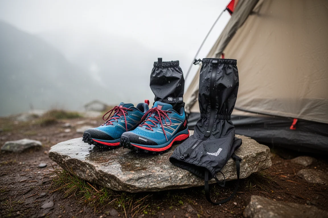 Wet trail running shoes and gaiters drying on a rock outside a tent in mist