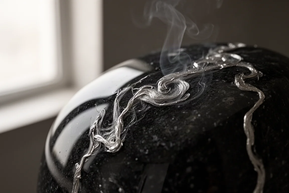 Polished black resin barrel with fine silver wisps under soft window light