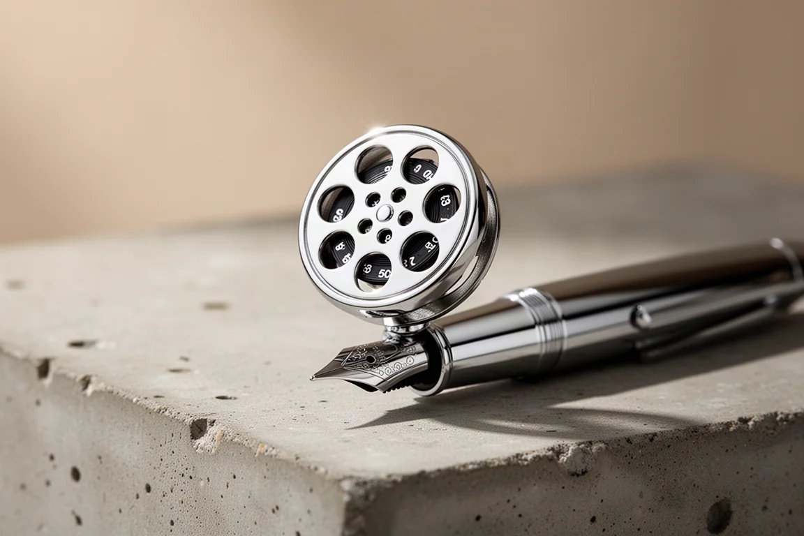 Circular metal finial with small holes spinning on the top of a pen cap