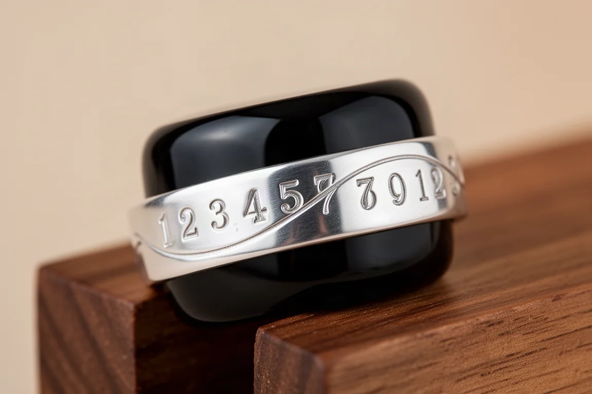 Engraved silver cap band with numerals and a moving line on a fountain pen