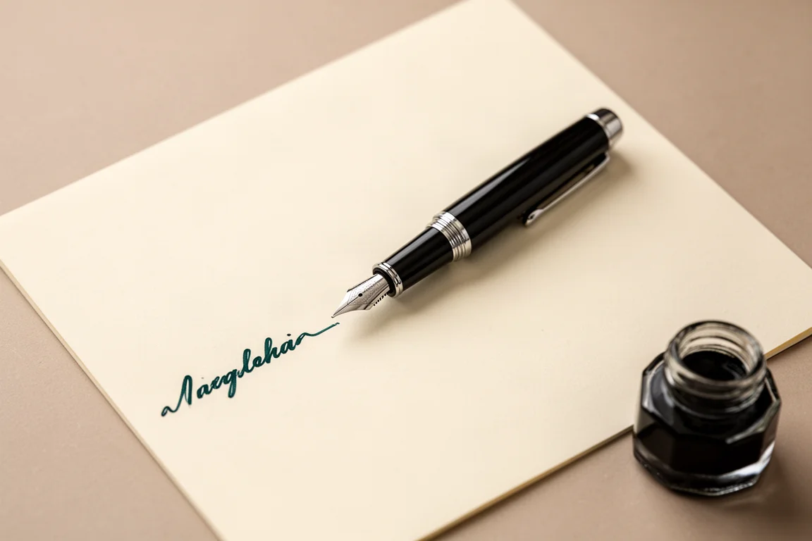 Fountain pen writing dark blue-green ink on a blank page