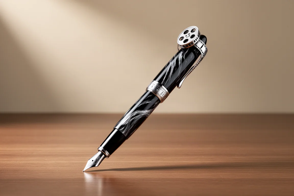 Kilk Camera Luciana fountain pen in black resin with sterling silver details on a wood desk