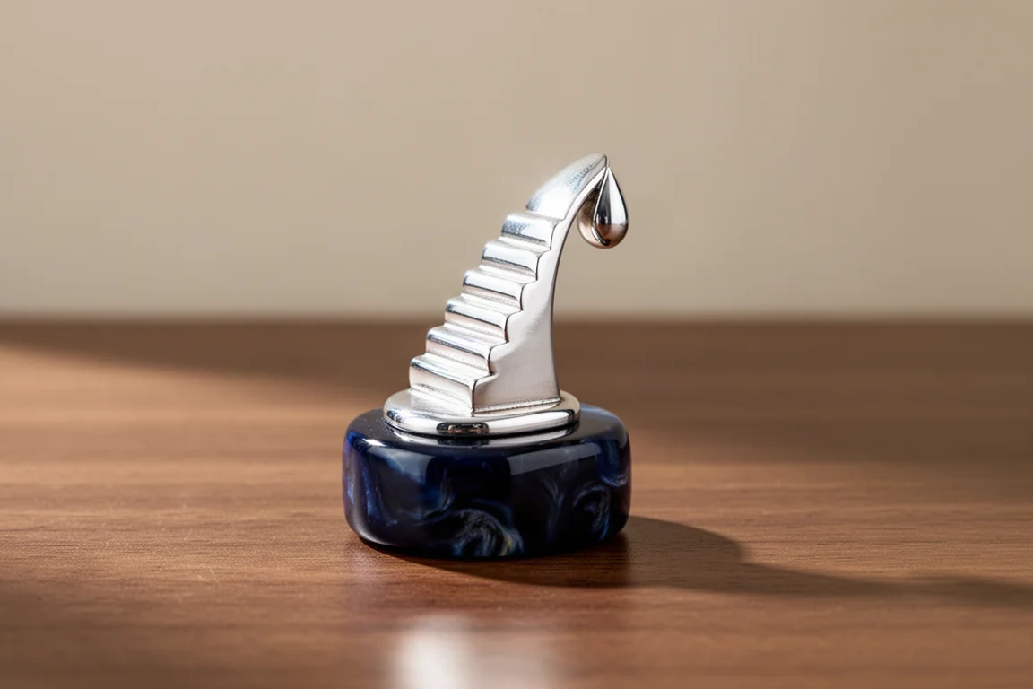 Clip de plata esterlina con diseño escalonado curvo sobre un escritorio de madera