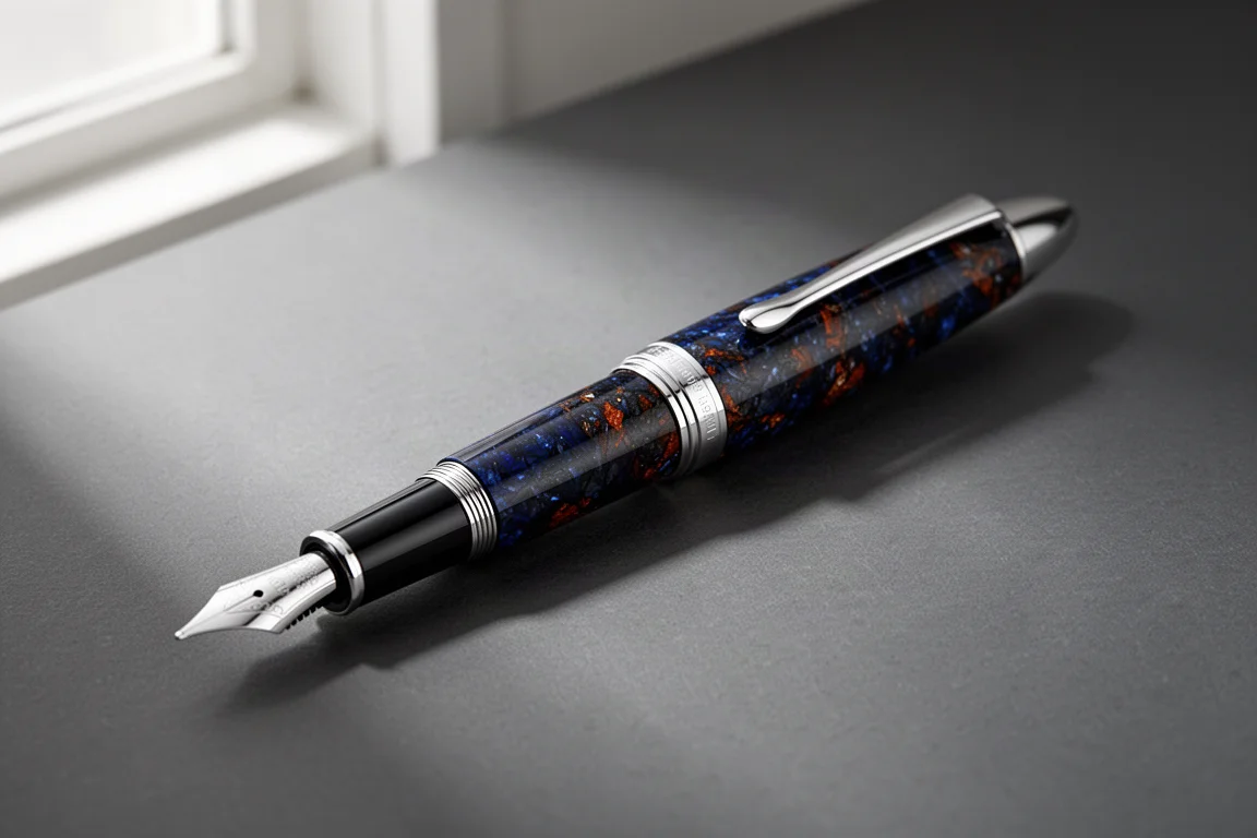 Kilk Celestial Blue and Black fountain pen with sterling silver trim on a dark grey surface