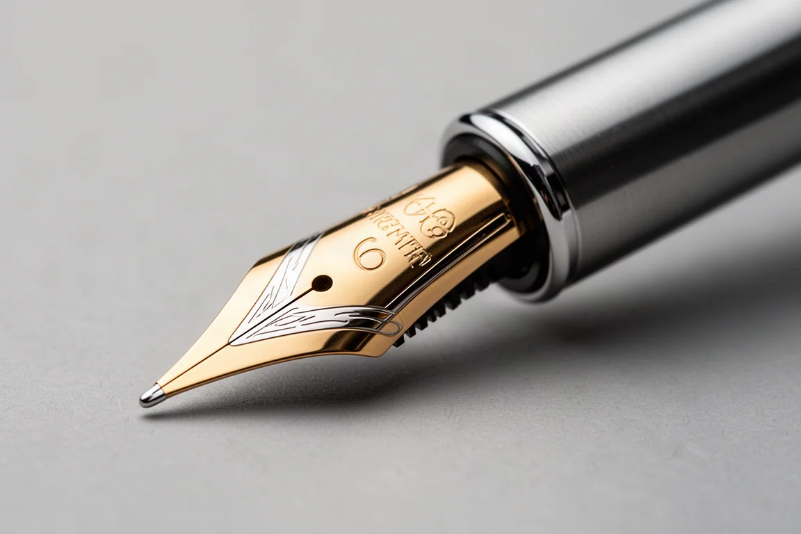 Nib di una penna stilografica con molatura in stile architect appoggiato su un alimentatore in plastica