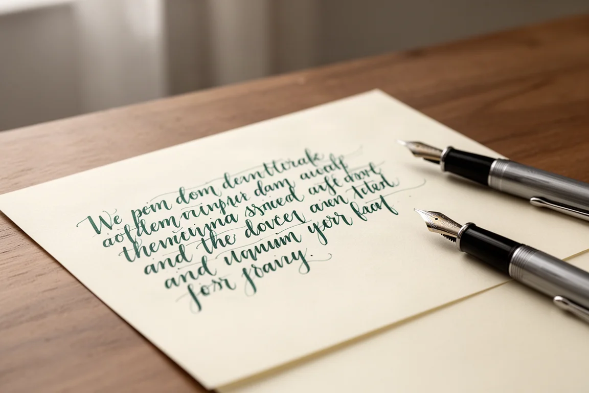 Campione di scrittura con variazione di linea allargata su carta color crema