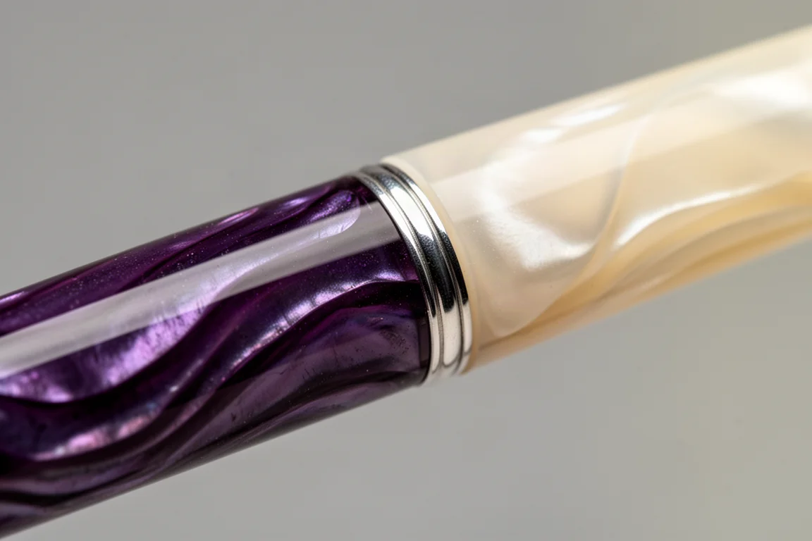 Primer plano de resina nacarada en tonos morados y crema mostrando cambio de color bajo luz intensa