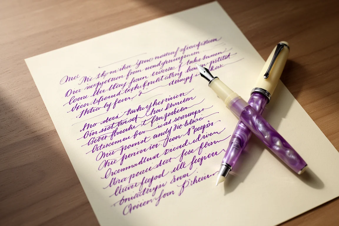Muestra de escritura a mano con estilográfica sobre papel crema con tinta morada