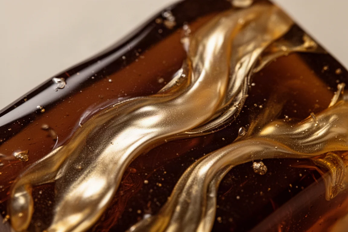 Barillet en résine brun profond aux reflets nacrés dorés sous une lumière douce