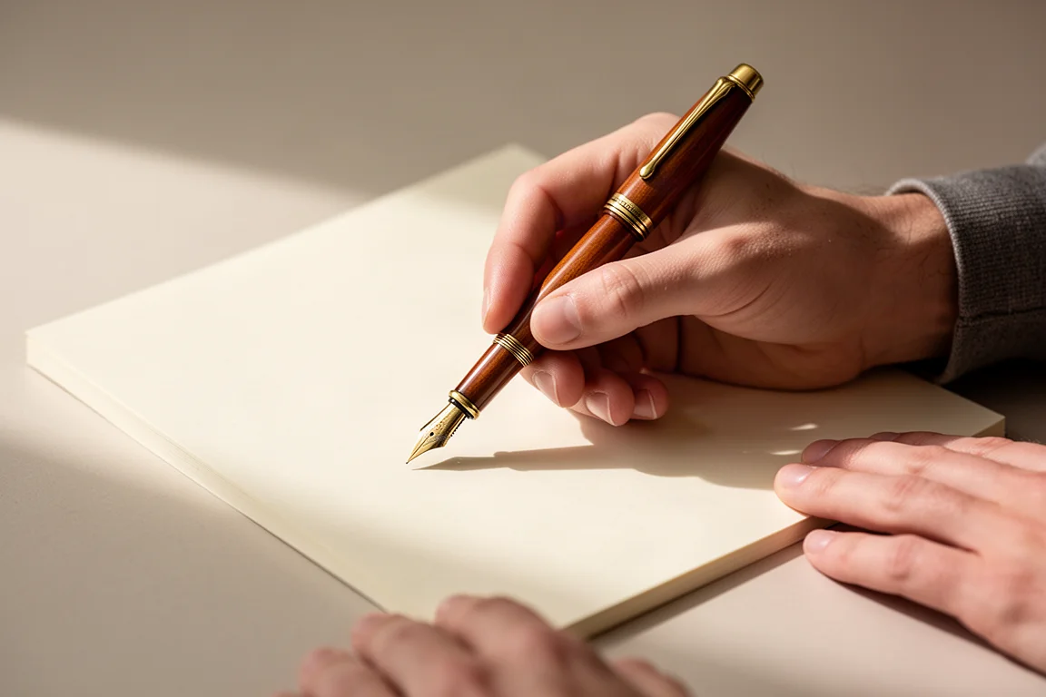Stylo plume tenu en position d'écriture sur une page de carnet uni