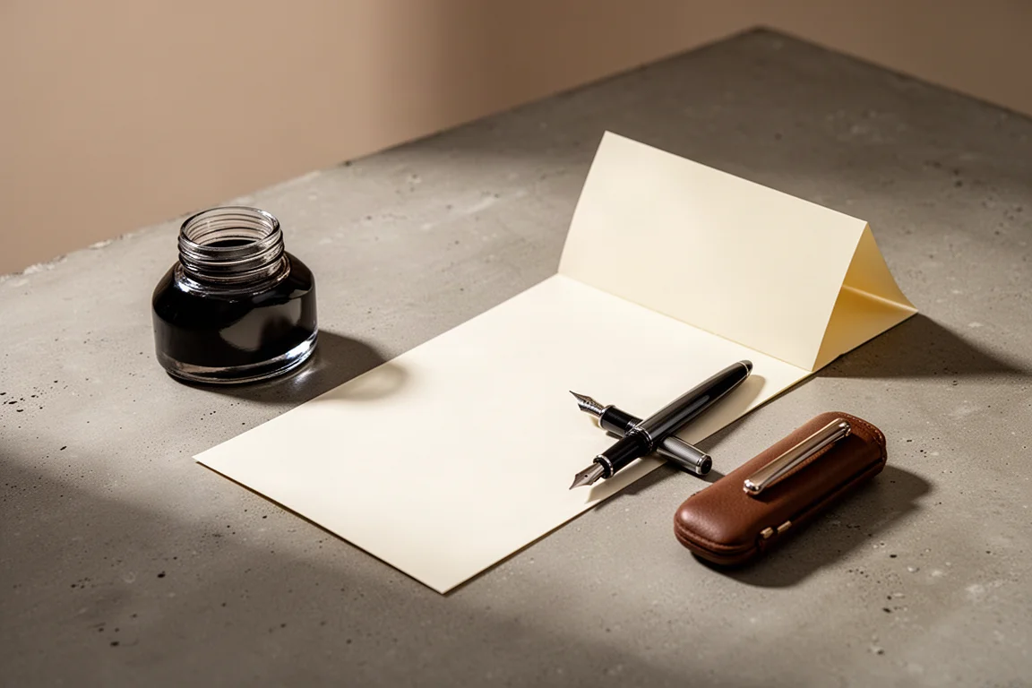 Flacons d'encre et une page d'échantillon d'écriture disposés sur un bureau