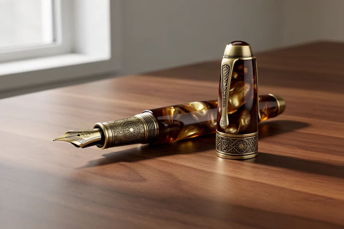 Füllfederhalter mit braunem Perlmuttharz und Antikmessing-Beschlägen auf einem Walnussschreibtisch
