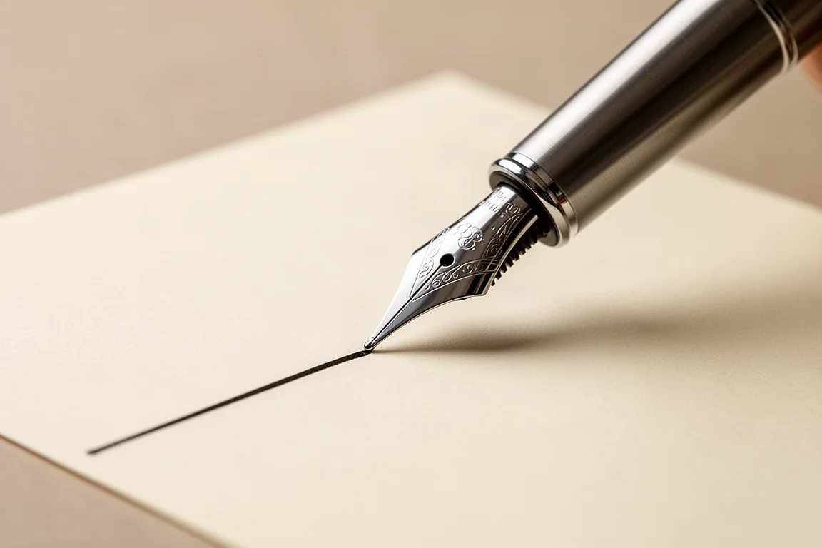 Nib de caneta-tinteiro pousado sobre uma página em branco de papel